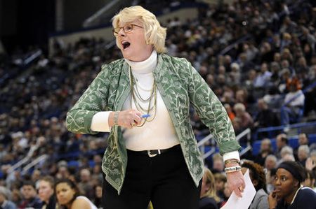Pittsburgh Panthers head coach Agnus Beranato shouts instructions to he players during the first half against UConn at the XL Center Tuesday night.