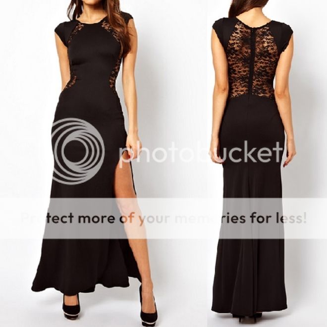 Very Sexy Womens Classy Short Sleeve Bodycon Black Long Maxi Lace Dress ...